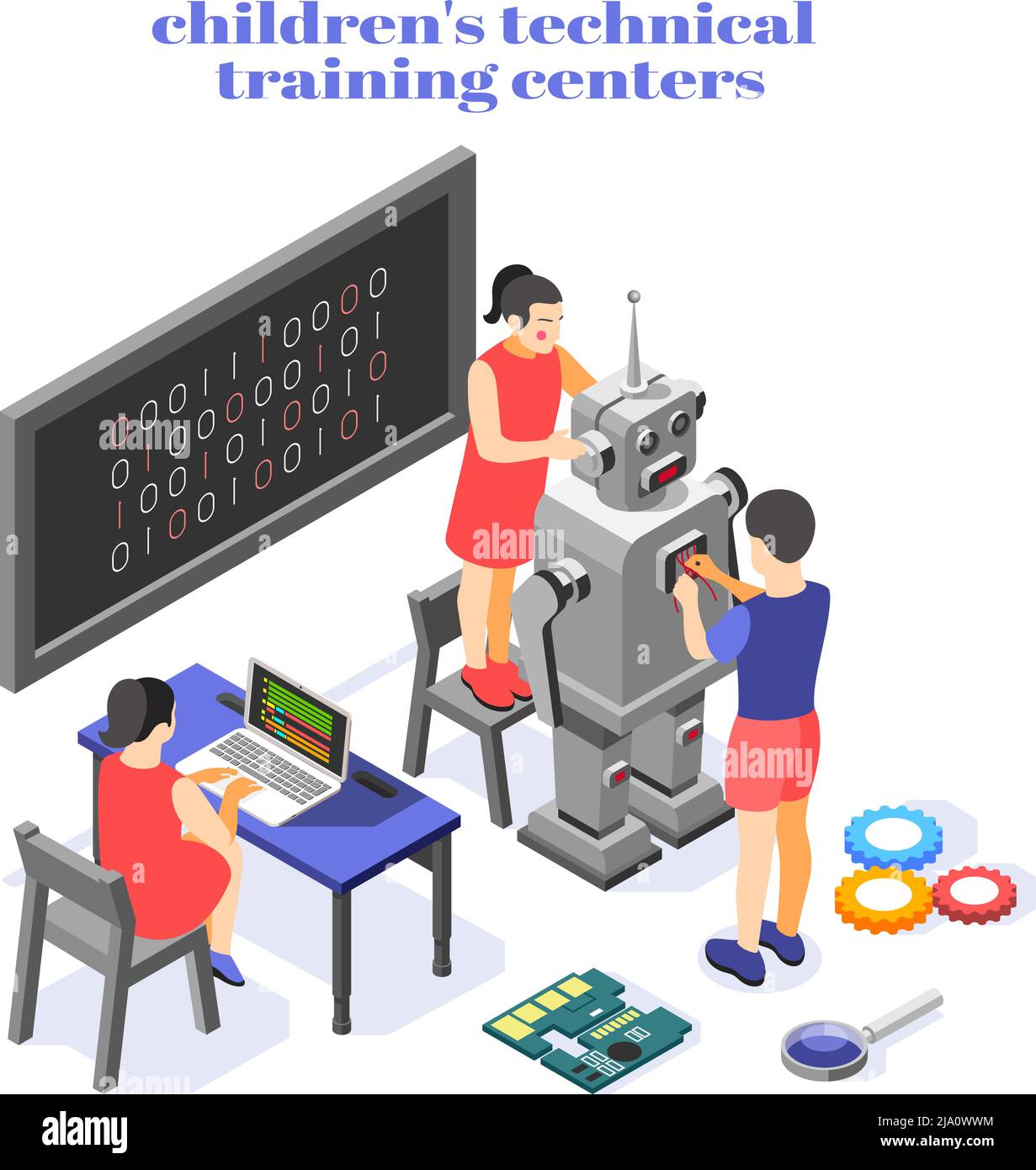 Children technical training center  isometric composition with humanoid robot control system binary codes programming practice vector illustration Stock Vector