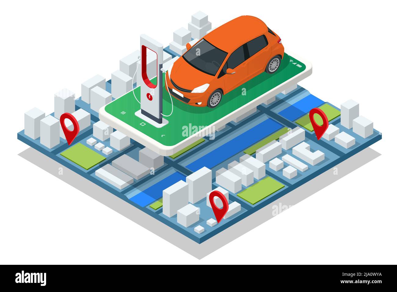 Isometric EV charger station application on mobile. Car charger