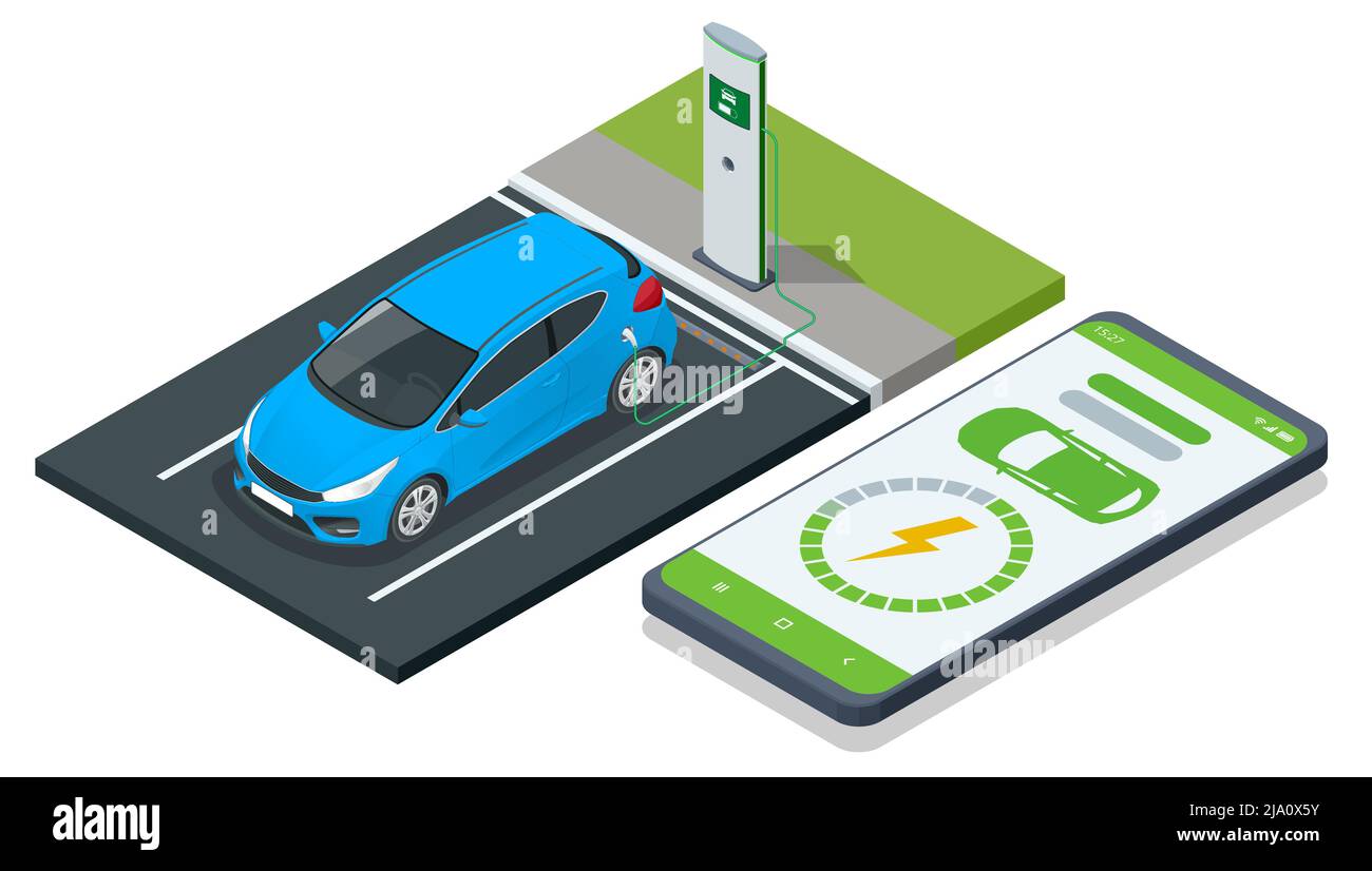 Isometric EV charging station for electric car with mobile app display