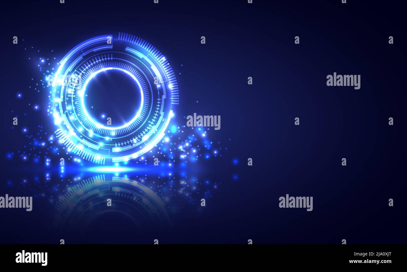 Glowing HUD circle. Light , ray and sparking ring. Colorful tunnel. Bright border. Magic portal. Luminous electron and glint swirling. Fireworks model Stock Vector