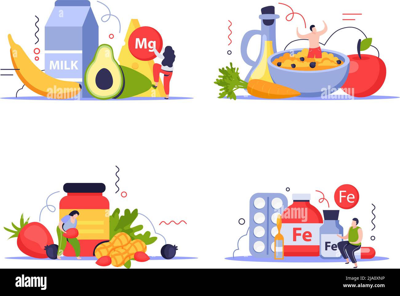 Vitamins in products concept icons set with food symbols flat isolated vector illustration Stock Vector