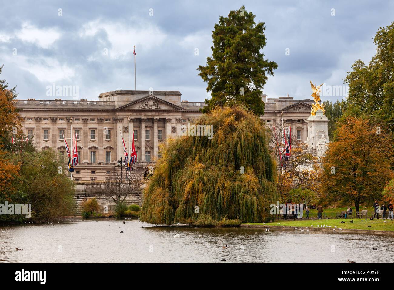 London, UK - Oct 29, 2012: Buckingham Palace and Victoria Memorial as seen from the St James's Park Stock Photo