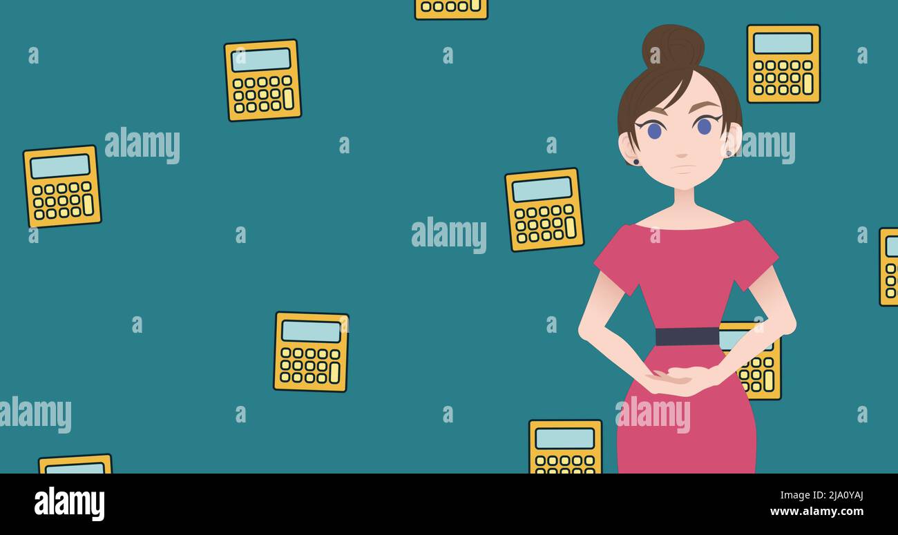 Image of woman talking over calculator icons Stock Photo