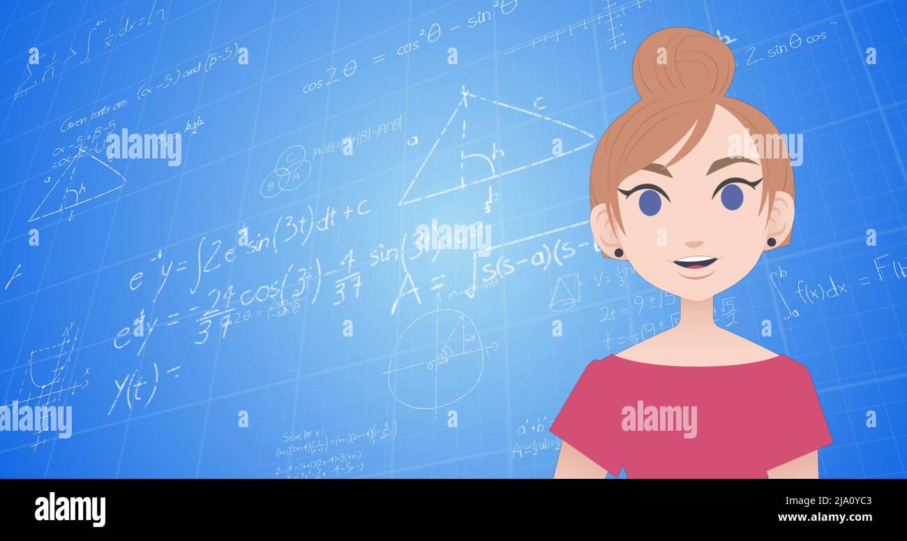 Image of woman talking over mathematical equations Stock Photo