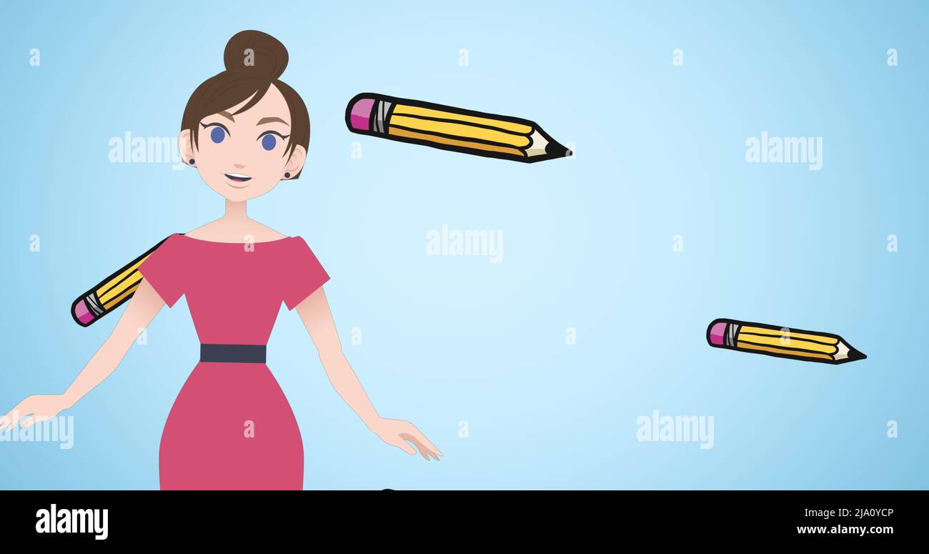 Image of woman talking over pencil icons Stock Photo