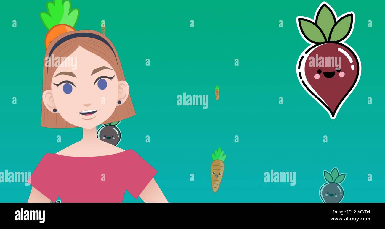 Image of woman talking over vegetables icons Stock Photo