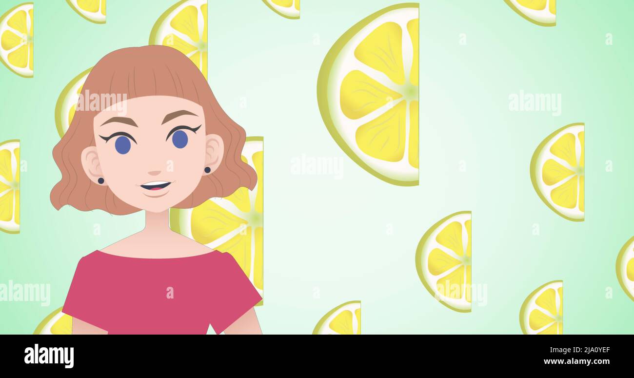 Image of woman talking over lemon icons Stock Photo