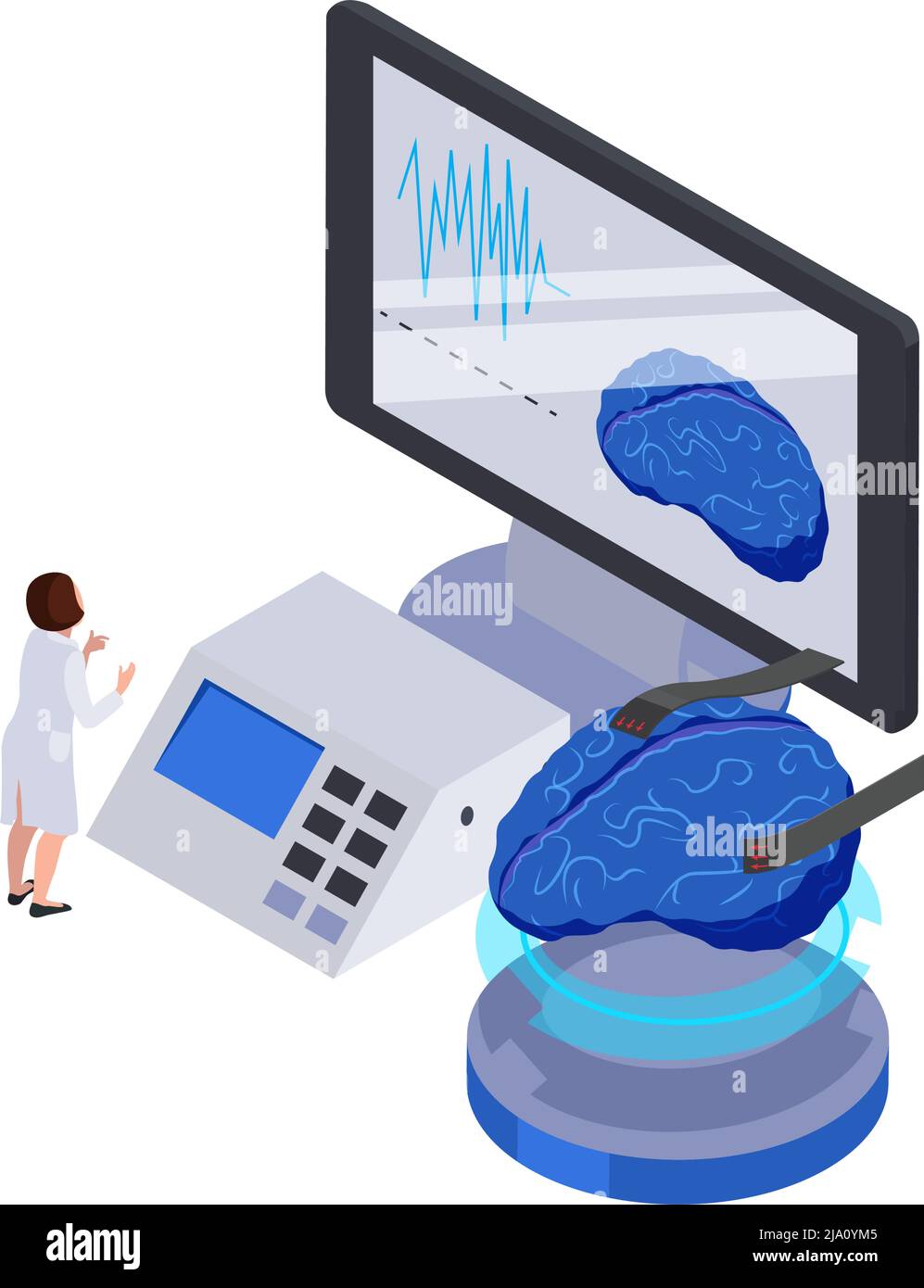 Future technology isometric icon with human brain computer equipment and character vector illustration Stock Vector