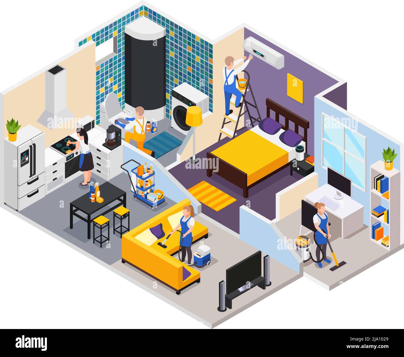 Professional cleaning service isometric composition with profile view ...