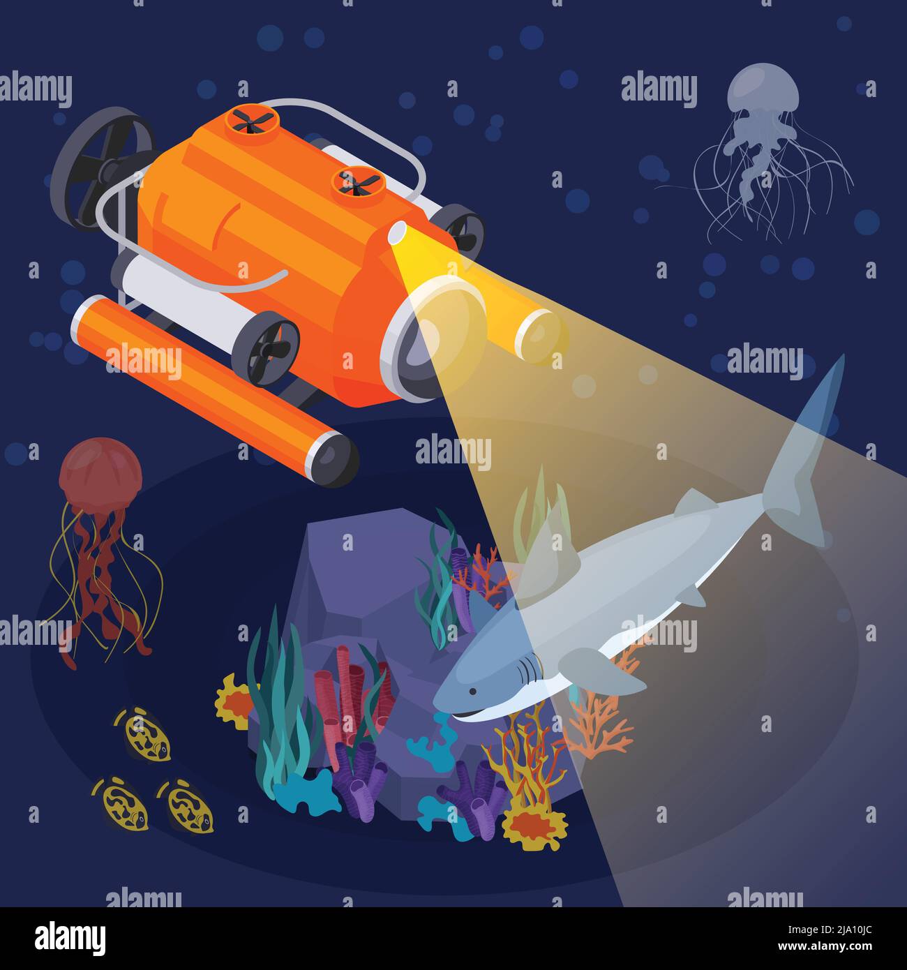 Underwater vehicles machines and equipment isometric composition ship shines a searchlight underwater at night vector illustration Stock Vector