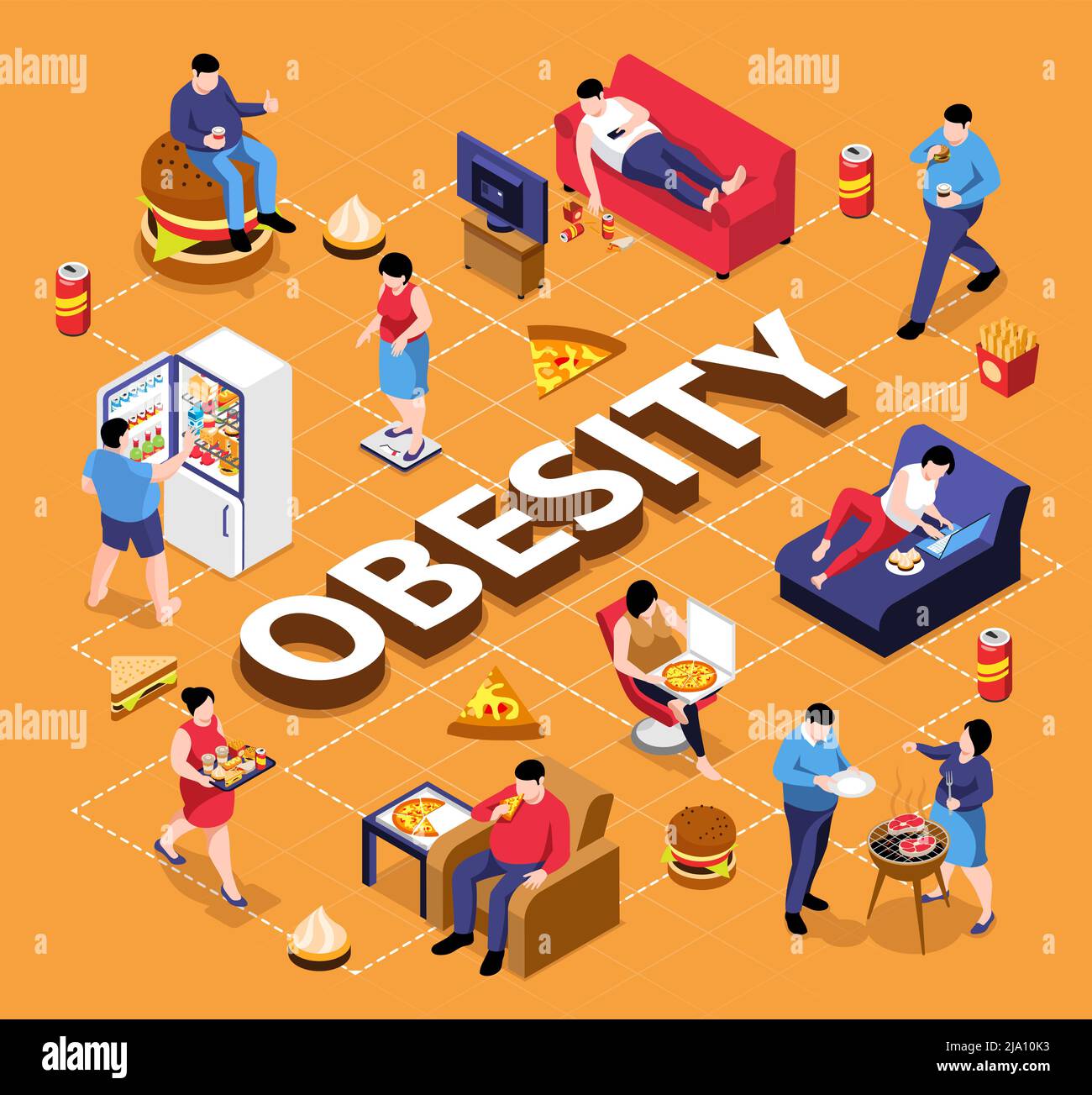 Isometric obesity flowchart with editable text and isolated human characters of fat people eating junk food vector illustration Stock Vector