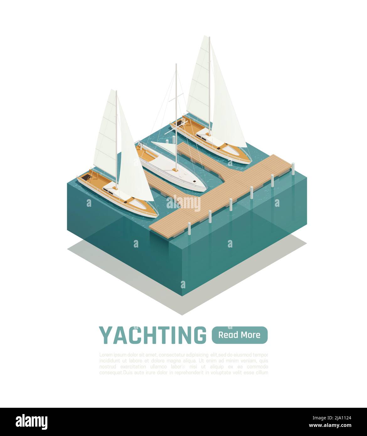 Yachting isometric composition with green read more button and square ...