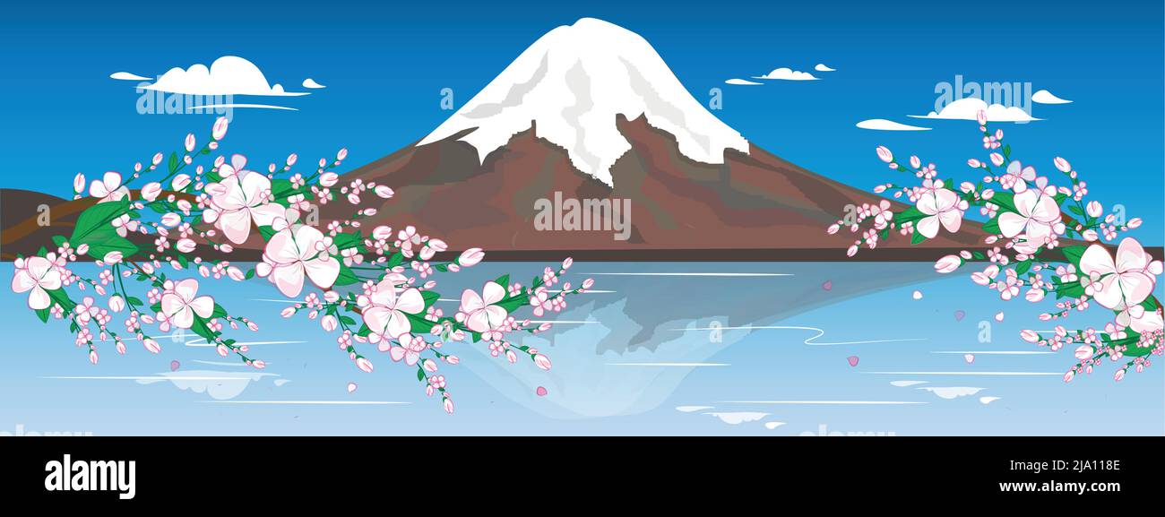 Illustration Fuji Mountain in Japan. Beautiful nature of snowy mountain with sakura blossoms. Japanese romantic place for. Illustration for any design Stock Vector