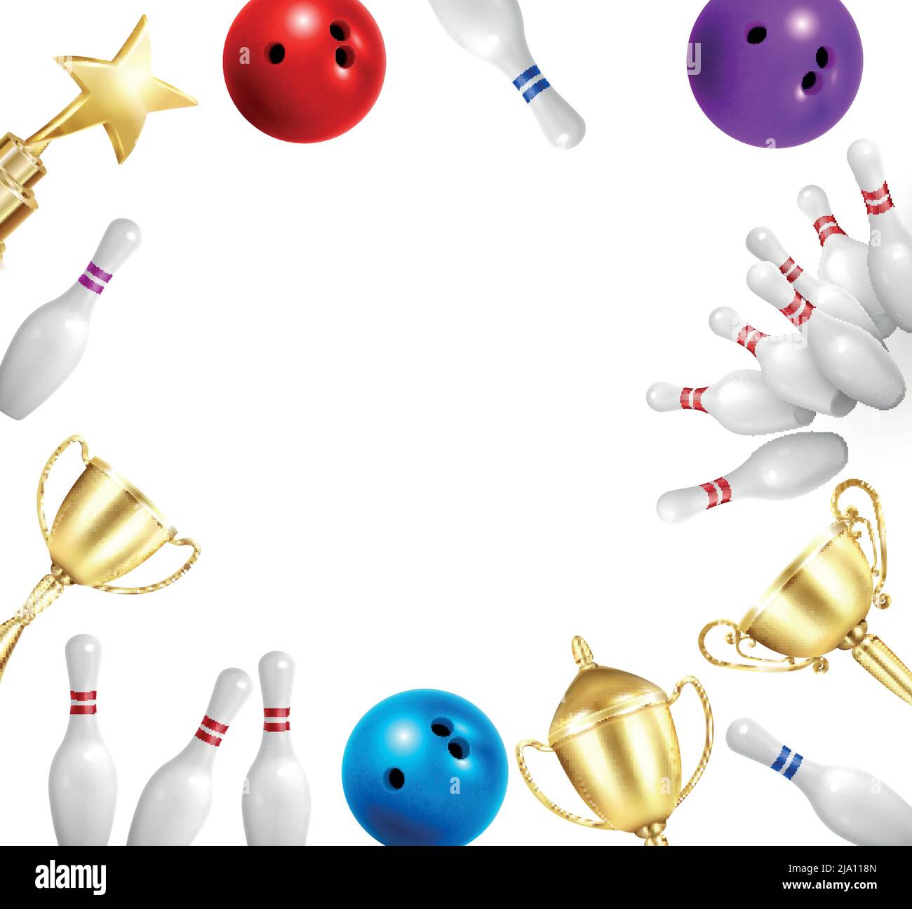 Bowling realistic frame composition with pins balls and golden cup star award images surrounding empty space vector illustration Stock Vector
