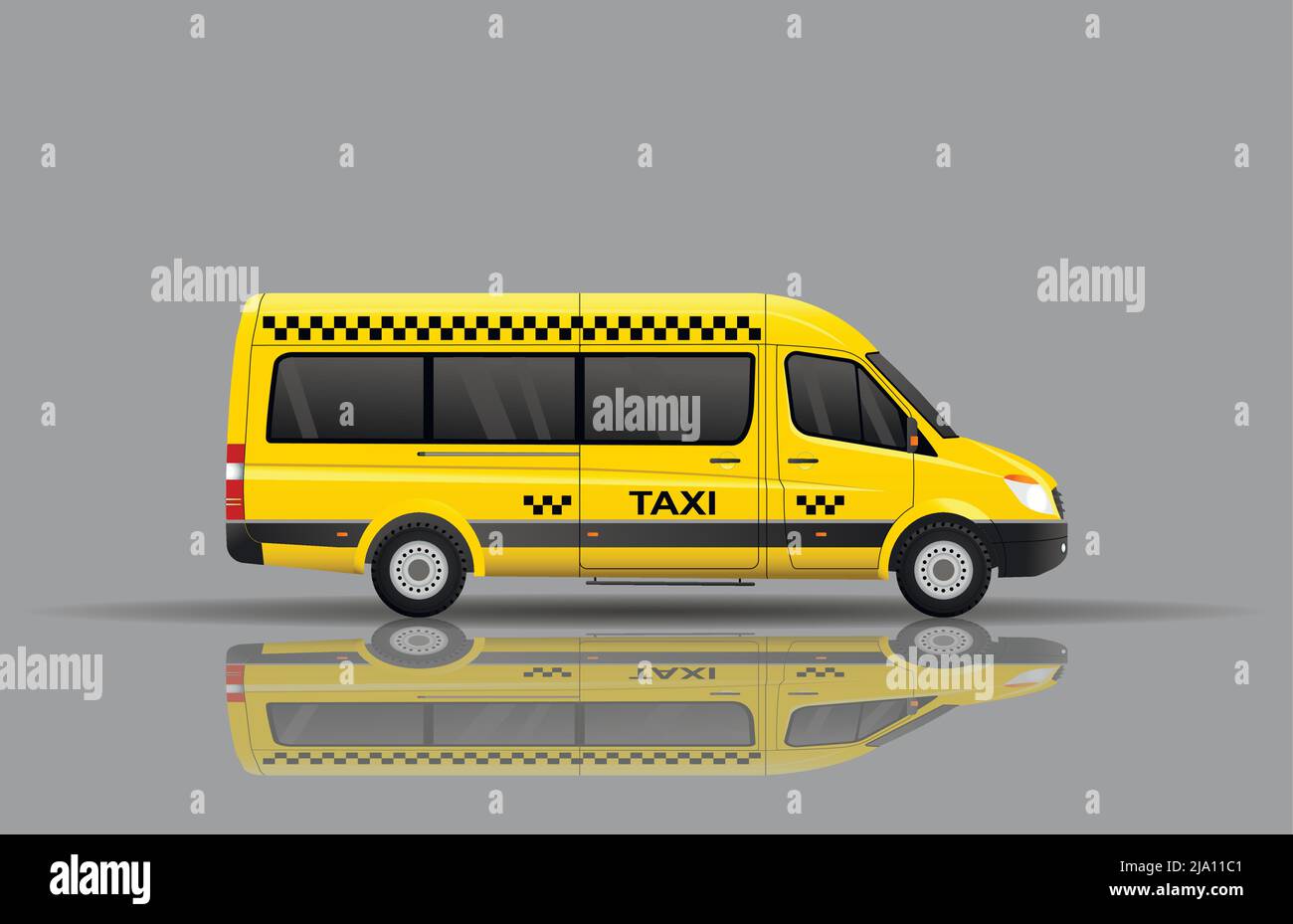 yellow passenger minibus taxi reflecting on the ground. Urban transport ...