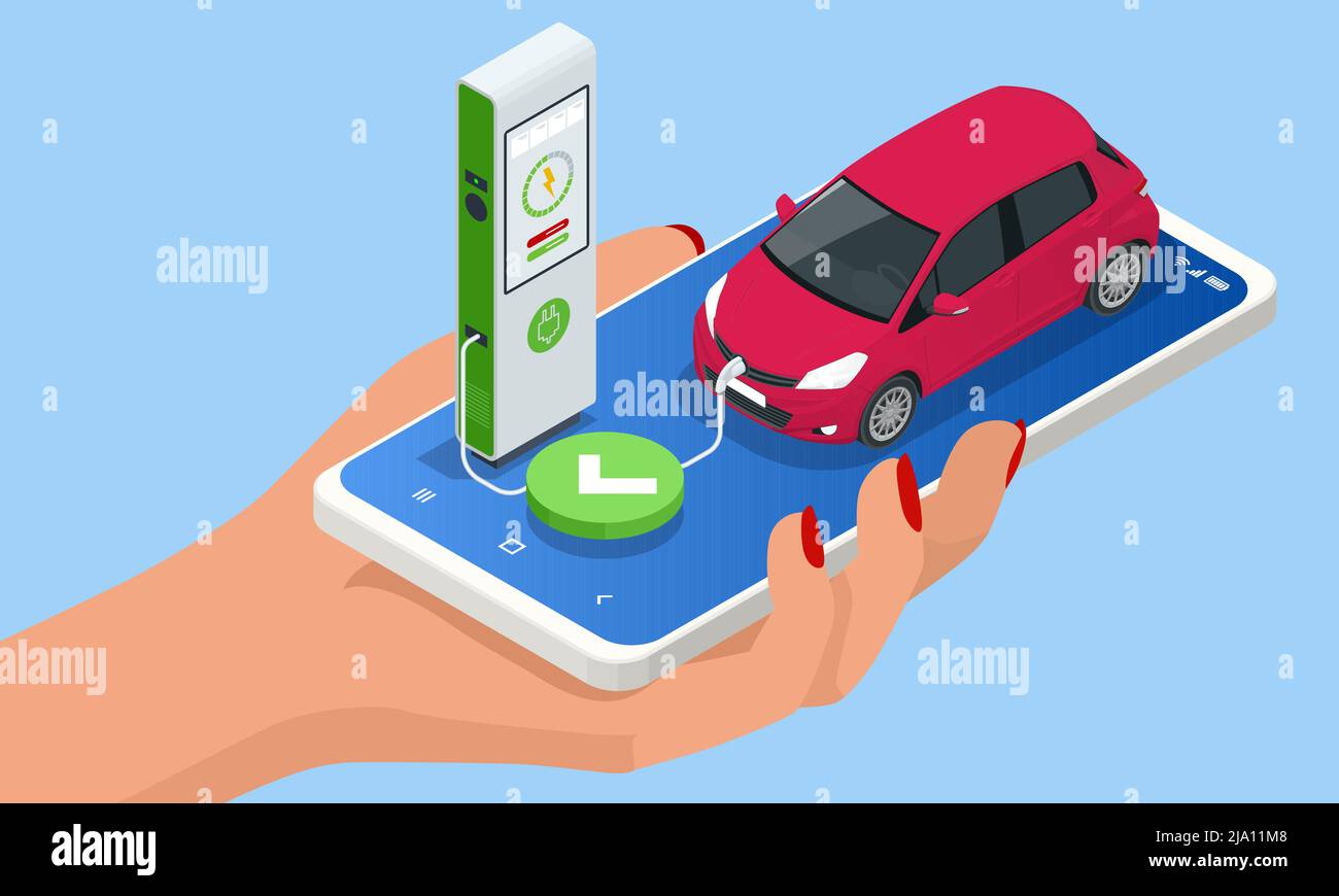 Isometric EV charger station application on mobile. Car charger