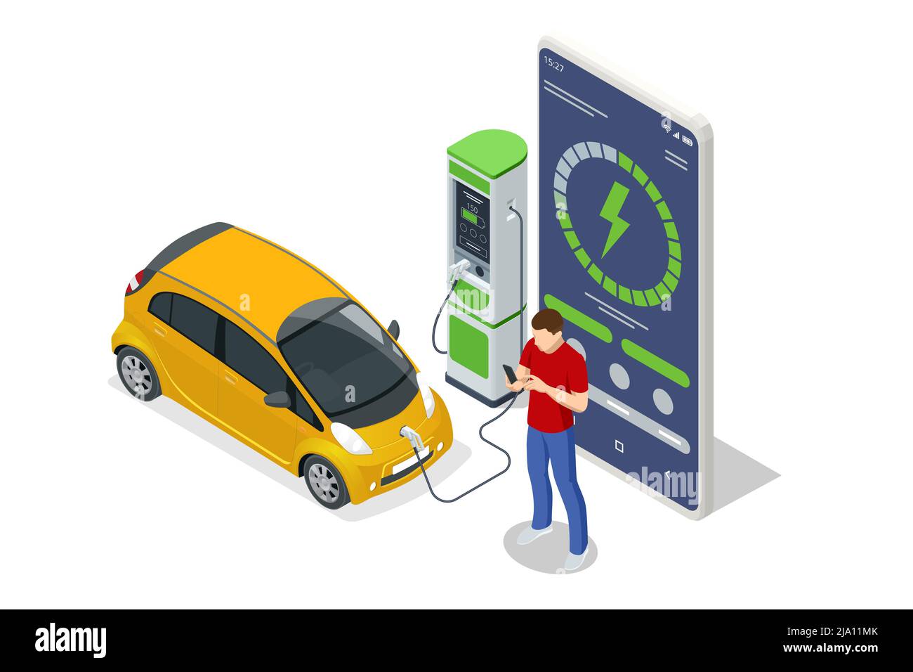 Isometric EV charger station application on mobile. Car charger