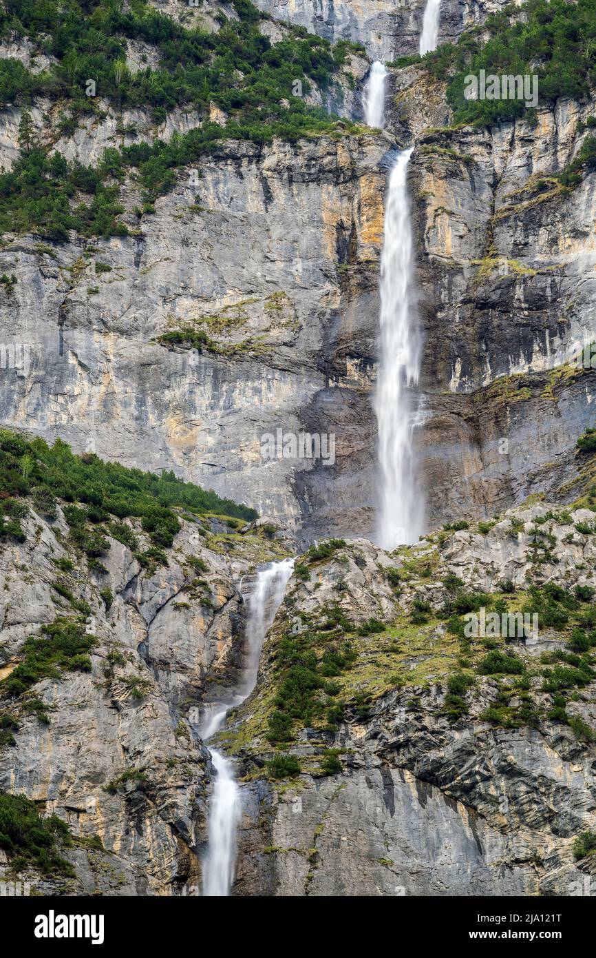 Scenic mountain waterfalls, Lauterbrunnen, Canton of Bern, Switzerland Stock Photo