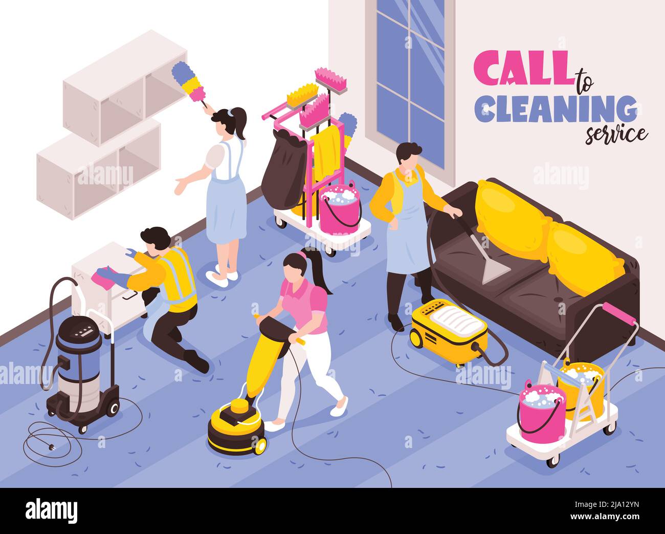 Cleaning service isometric advertising composition with professional