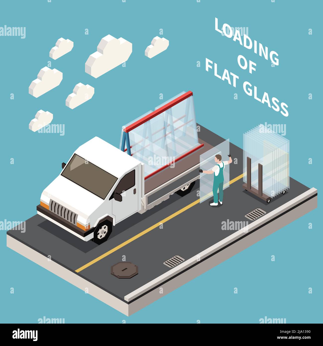 Glass production isometric composition with editable text and worker in uniform loading window glass onto truck vector illustration Stock Vector