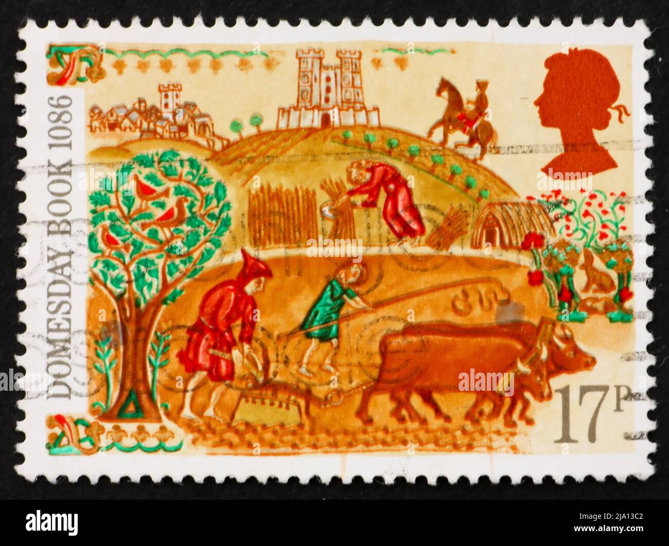 GREAT BRITAIN – CIRCA 1986: a stamp printed in the Great Britain shows Peasant, 900th Anniversary of Domesday Book, first nationwide survey in British Stock Photo