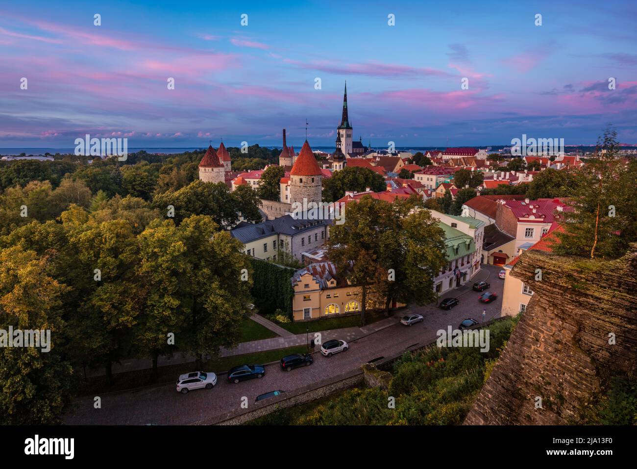View of the old town in Tallinn, Estonia during a colourful sunset Stock Photo