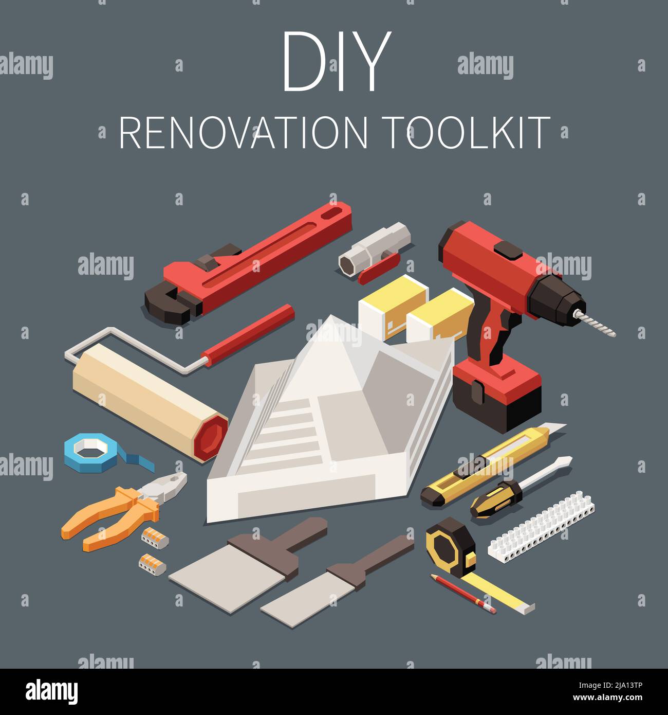 Isometric diy toolkit for building renovation with drill spatula roller