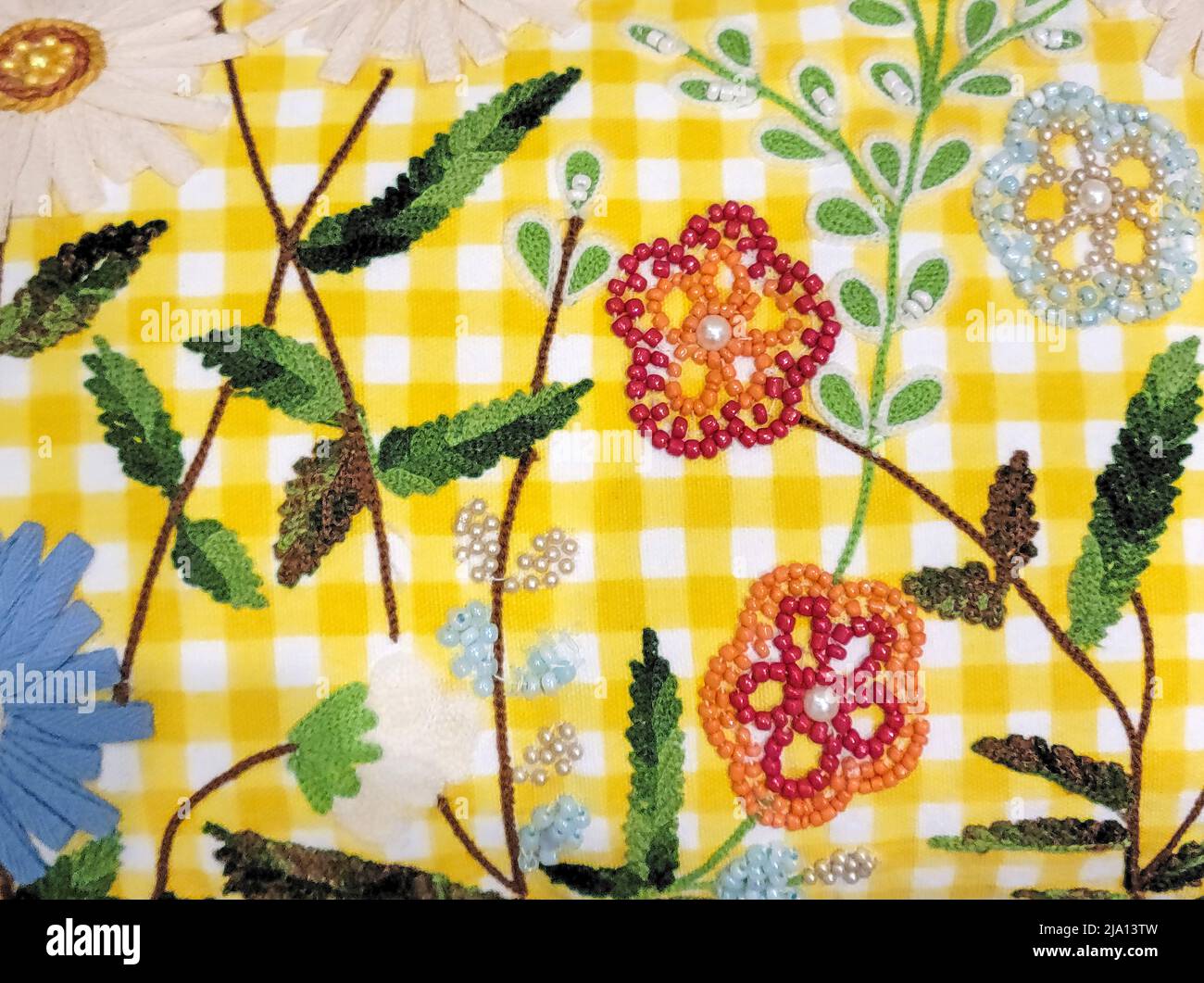 Floral embroidery design on white and yellow gingham with beads Stock Photo