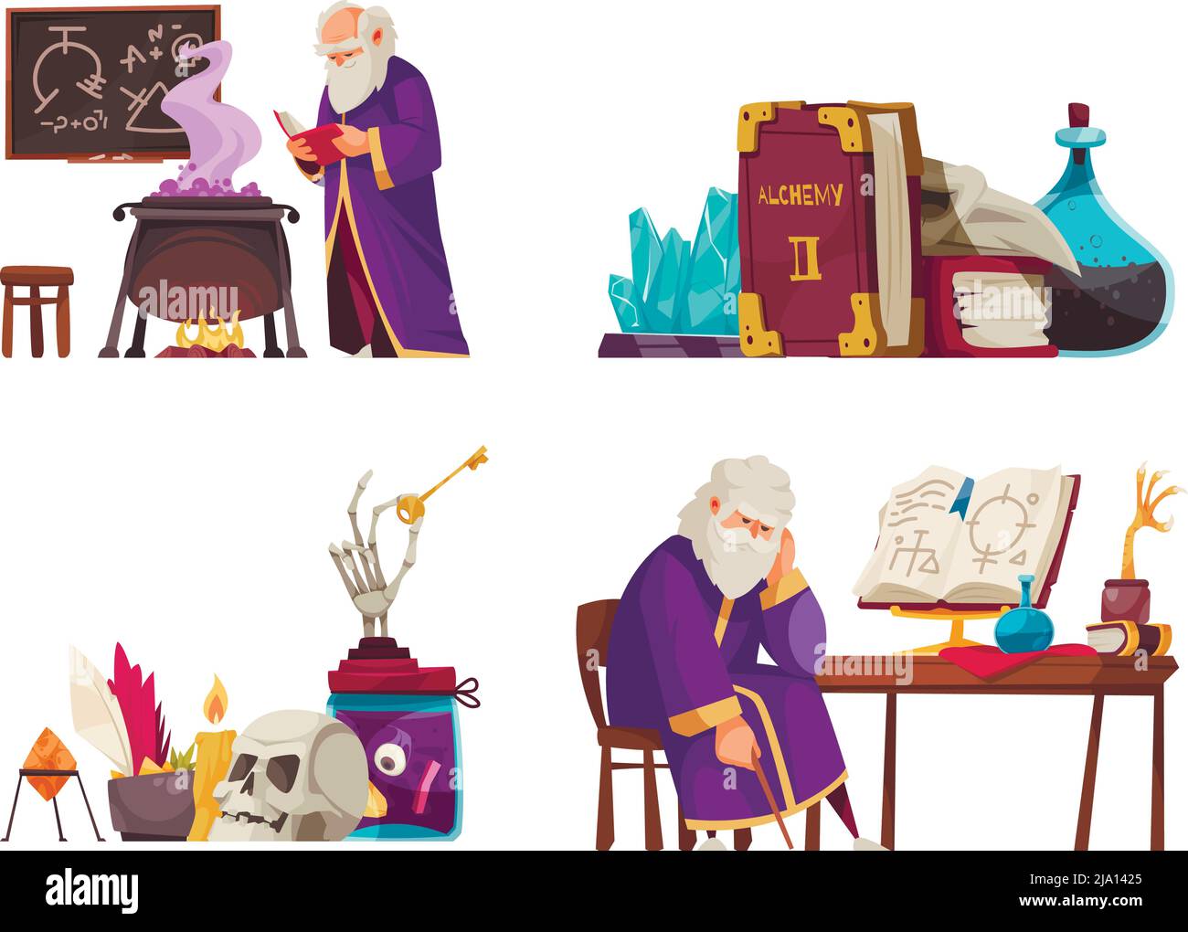 Cartoon alchemy compositions with various alchemical tools and old man making potions isolated vector illustration Stock Vector