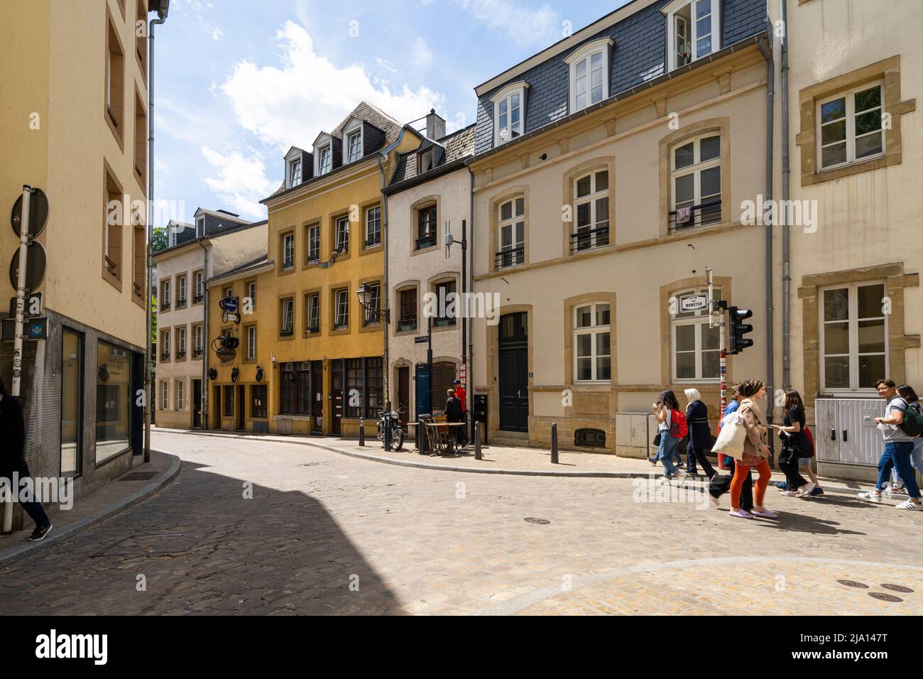 Luxembourg city, May 2022. Panoramic view of the Grund quarter in the city center Stock Photo