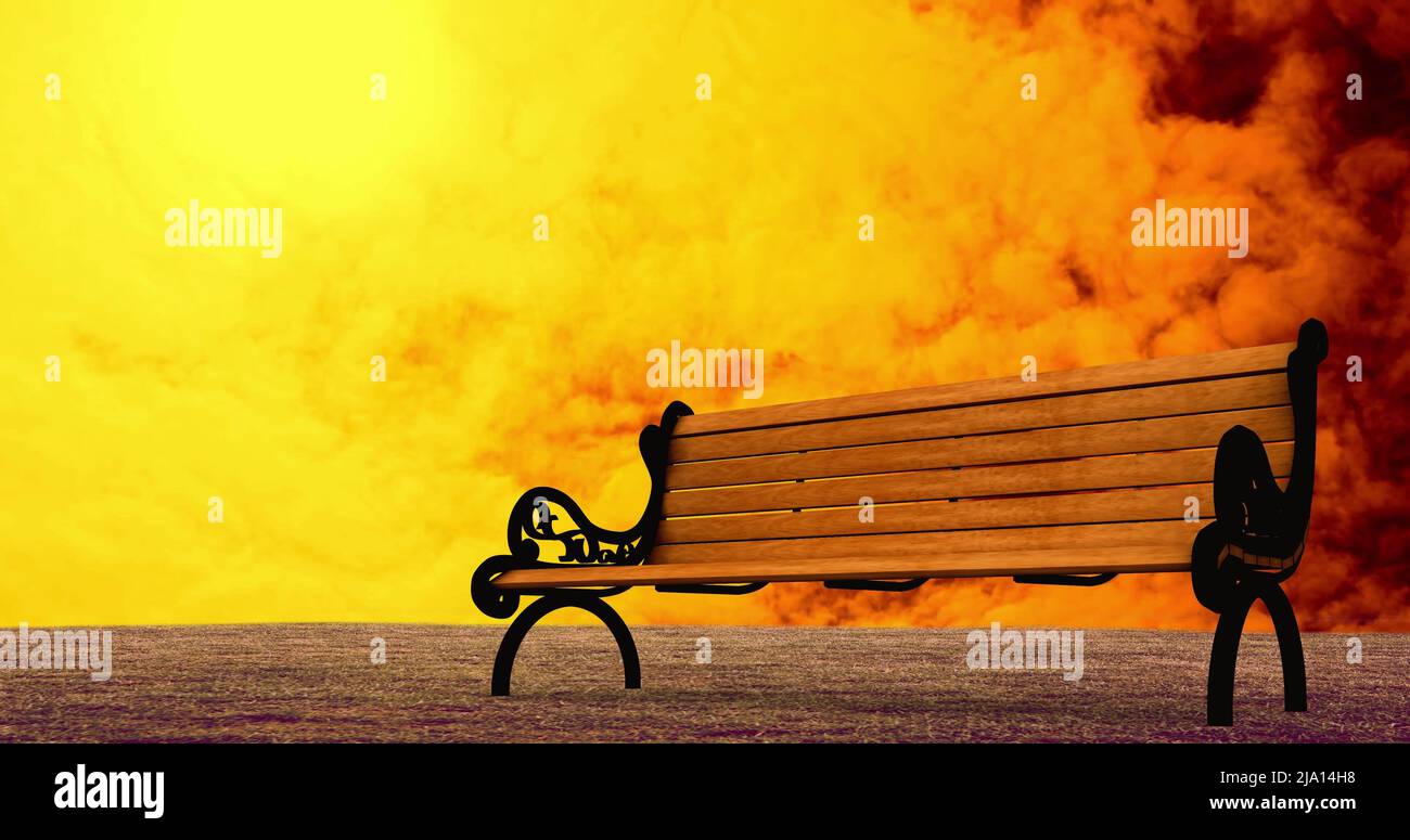 Image of bench over orange clouds moving fast in background Stock Photo
