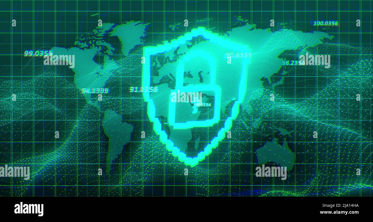 Image of digital shield with padlock over green background with world ...