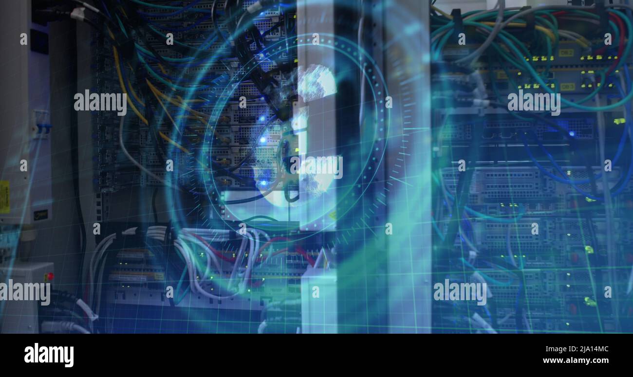 Image of euro symbol on rotating safe lock over computer servers Stock Photo