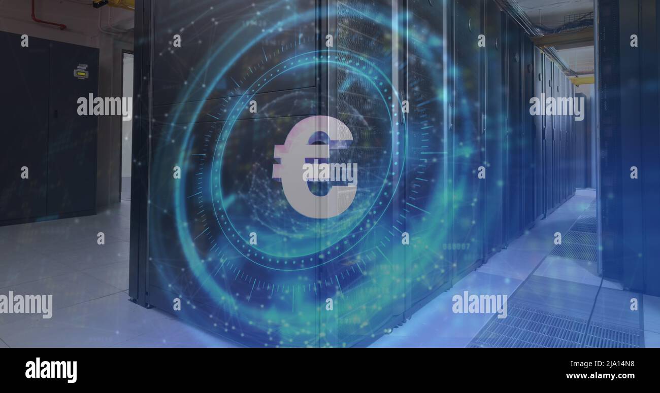 Image of euro symbol on rotating safe lock over computer server room Stock Photo