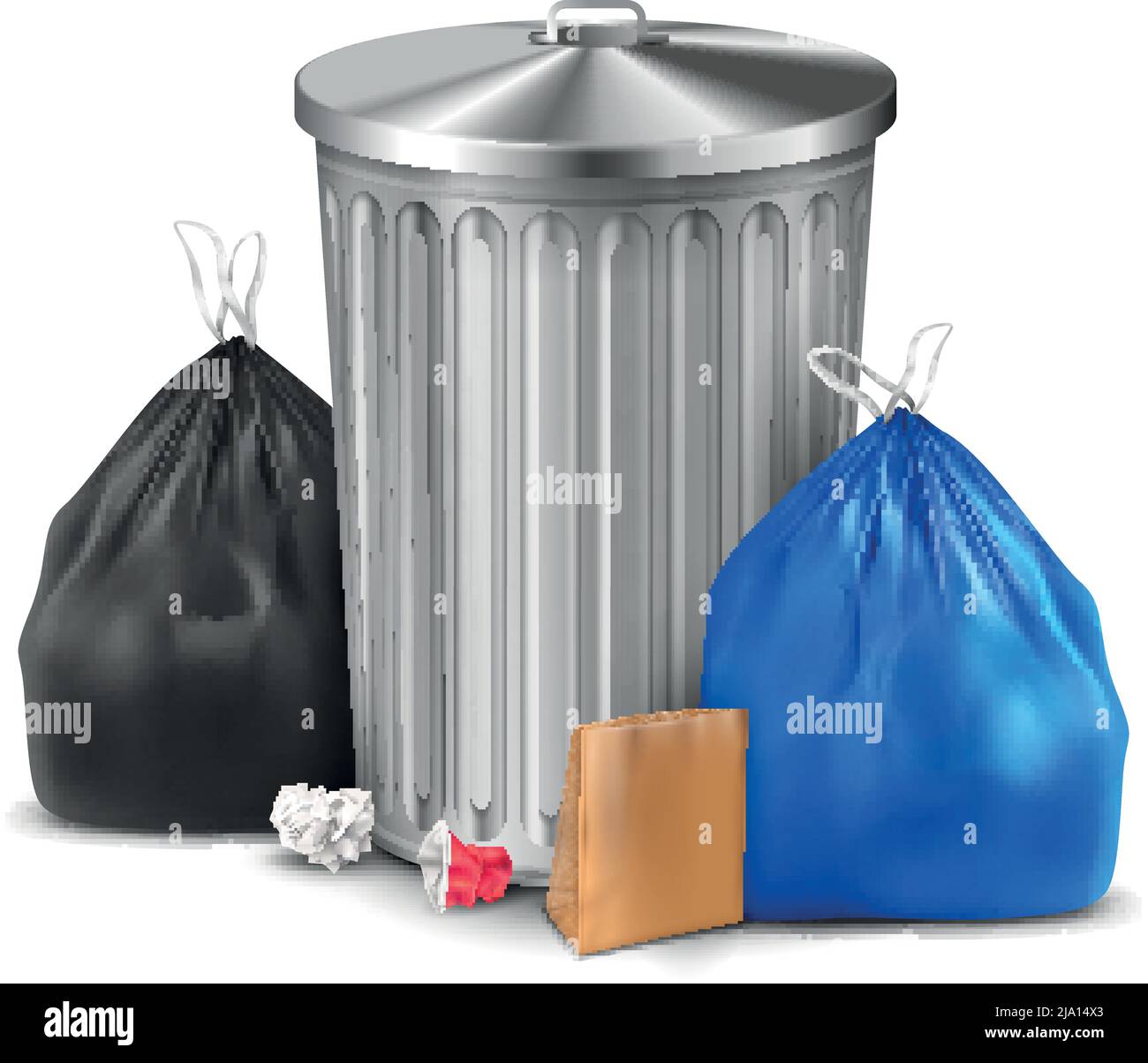 Plastic trash bag and bin realistic composition with metal bucket and