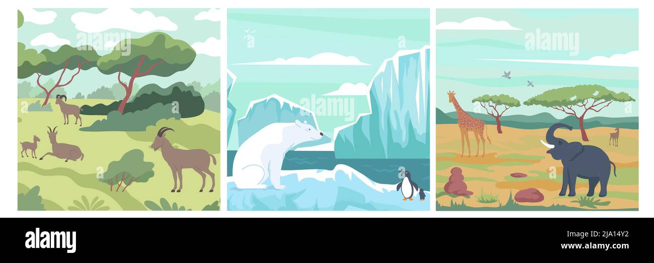 Wildlife design concept with set of compositions with wild animals in landscapes of various climate zones vector illustration Stock Vector