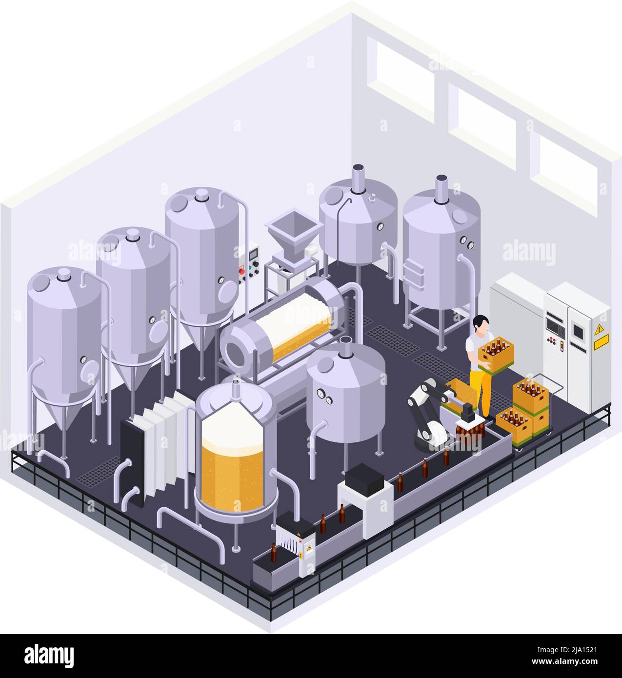 Brewery beer production isometric composition with indoor view of metal ...