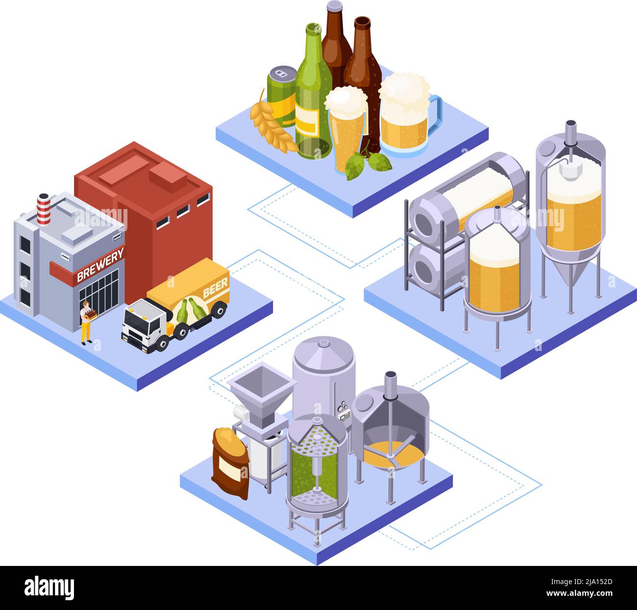 Brewery beer production isometric composition with set of connected platforms with keeves bottles and factory buildings vector illustration Stock Vector