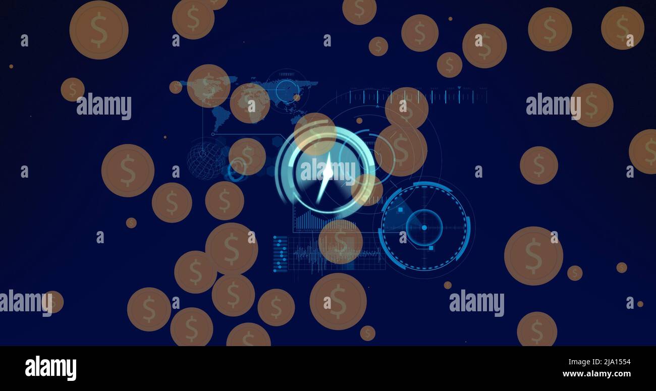 Image of clock and dollar coins over data processing Stock Photo - Alamy