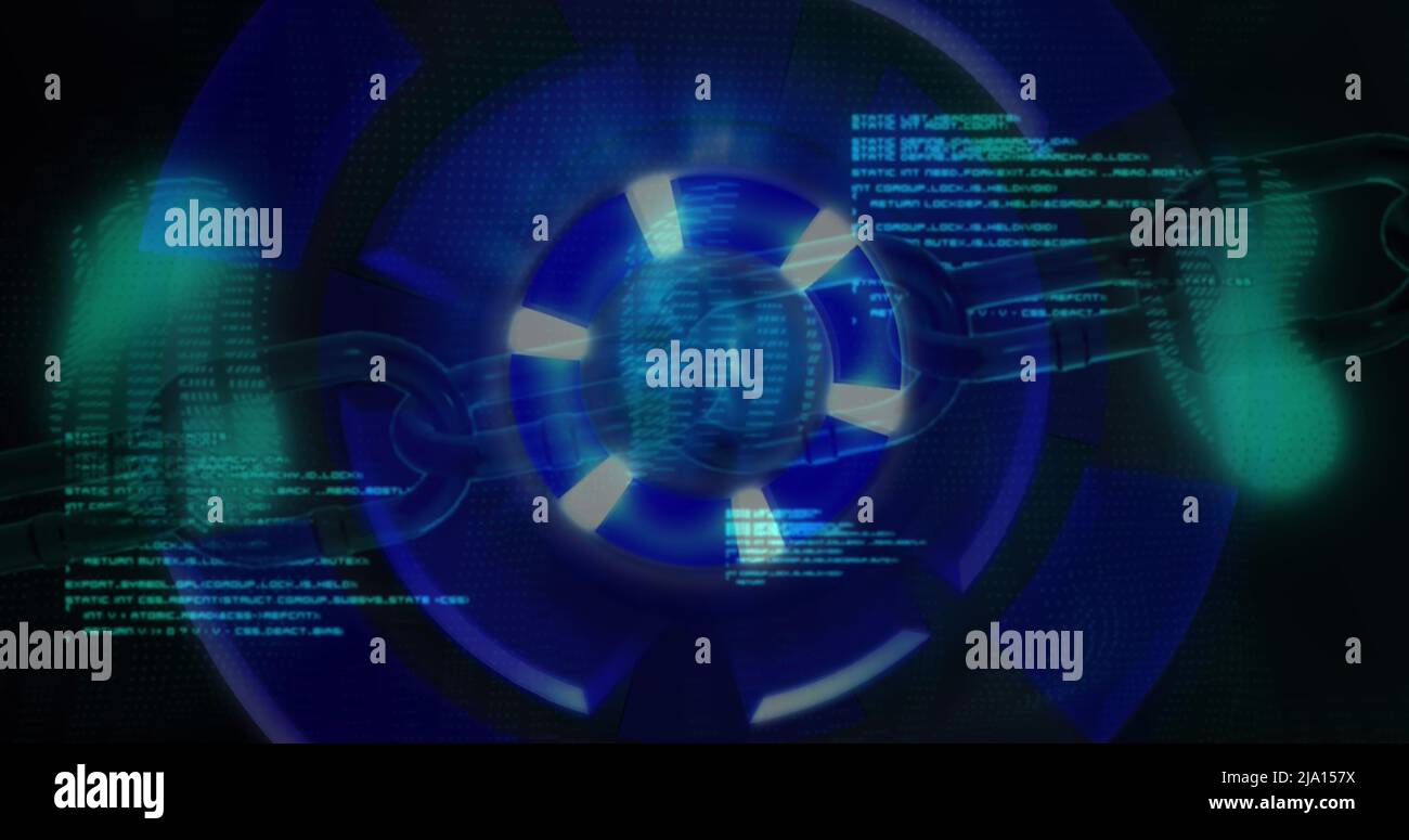 Image of data processing on black background with blue circle Stock Photo