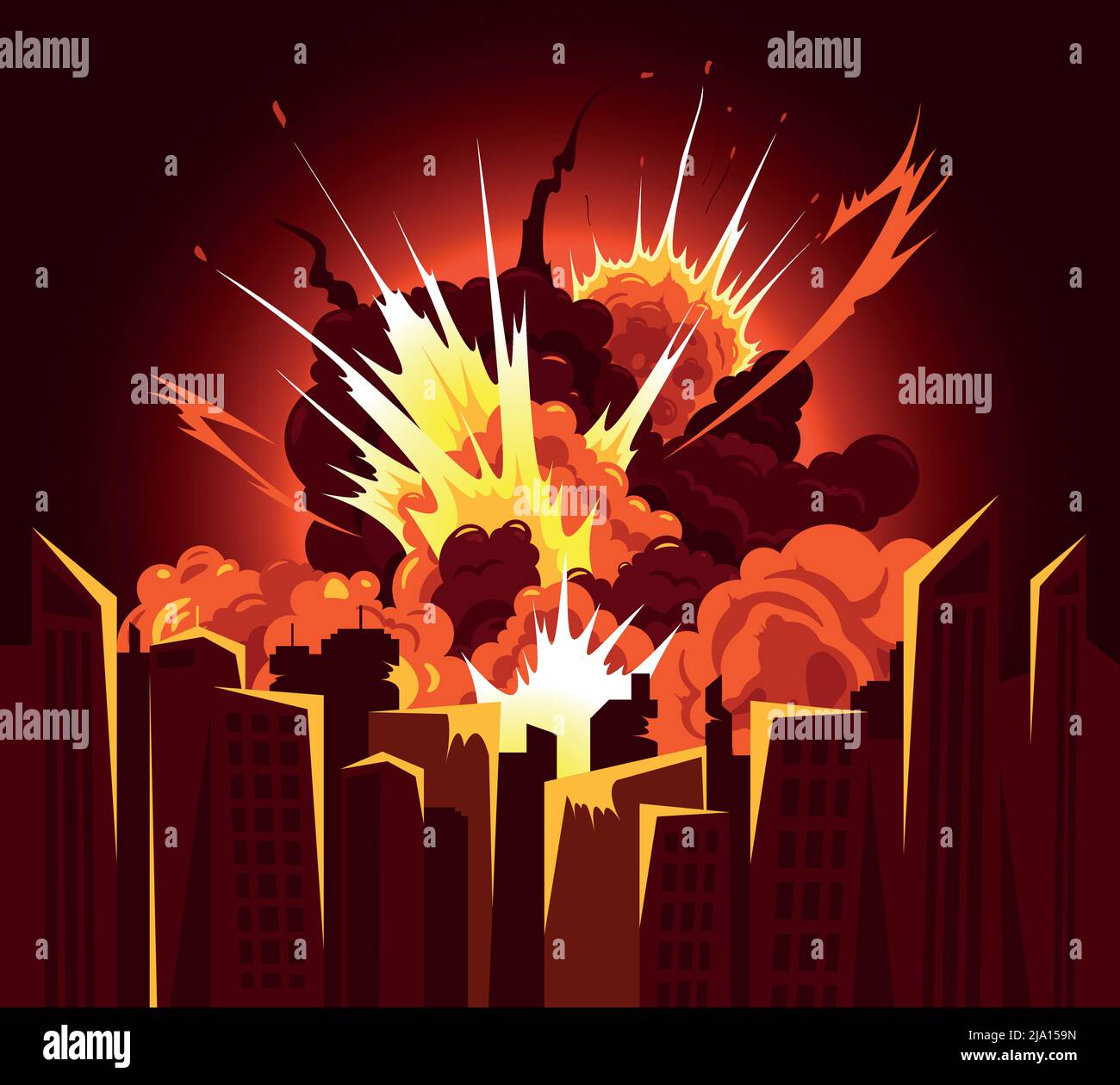 Atomic bomb explosion bang producing fiery debris clouds with bright