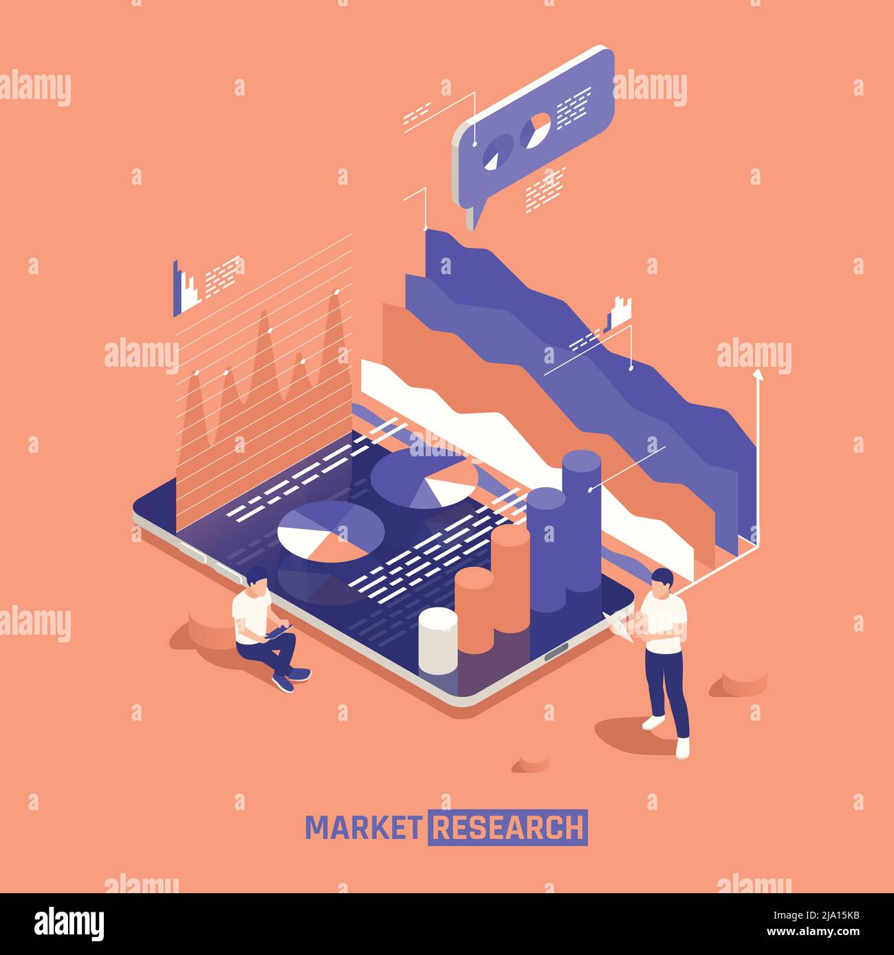 Market research abstract design concept with graphic lines bar and pie graphs isometric vector illustration Stock Vector