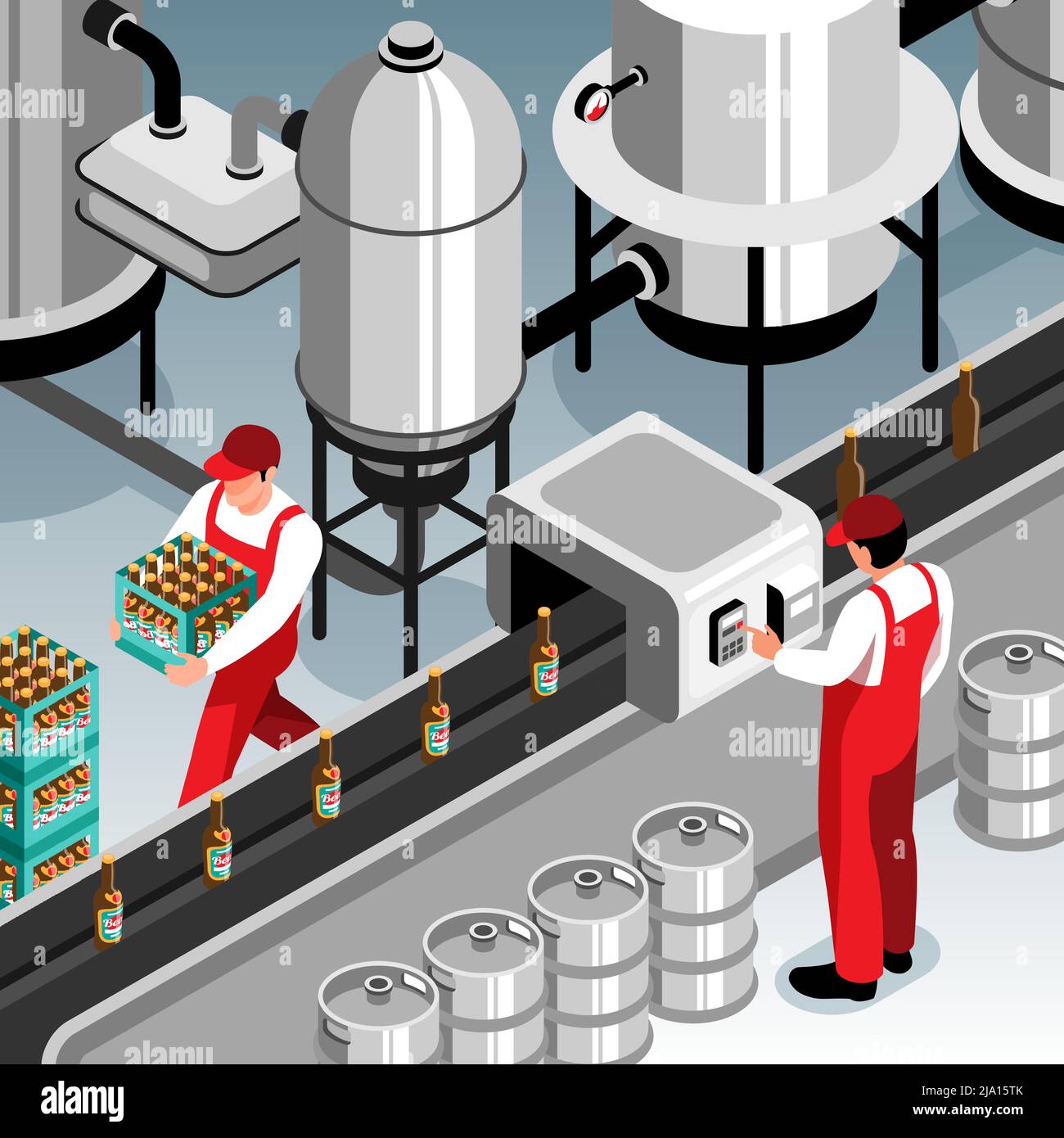 Beer bottles conveyor belt operator isometric composition brewery
