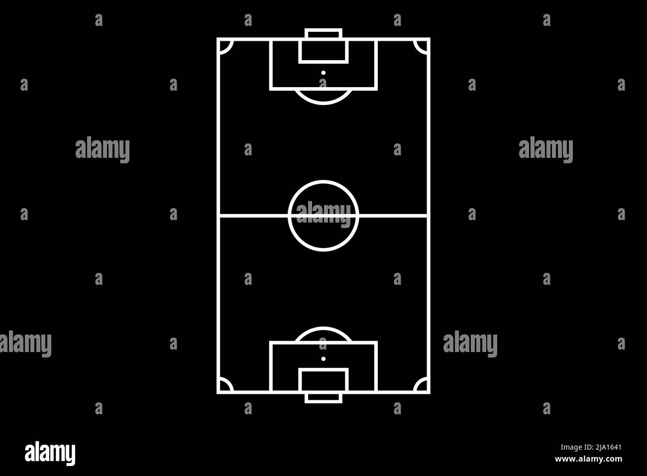 Soccer field. View from above from football field line. Contour limits lines illustration on black background Stock Photo