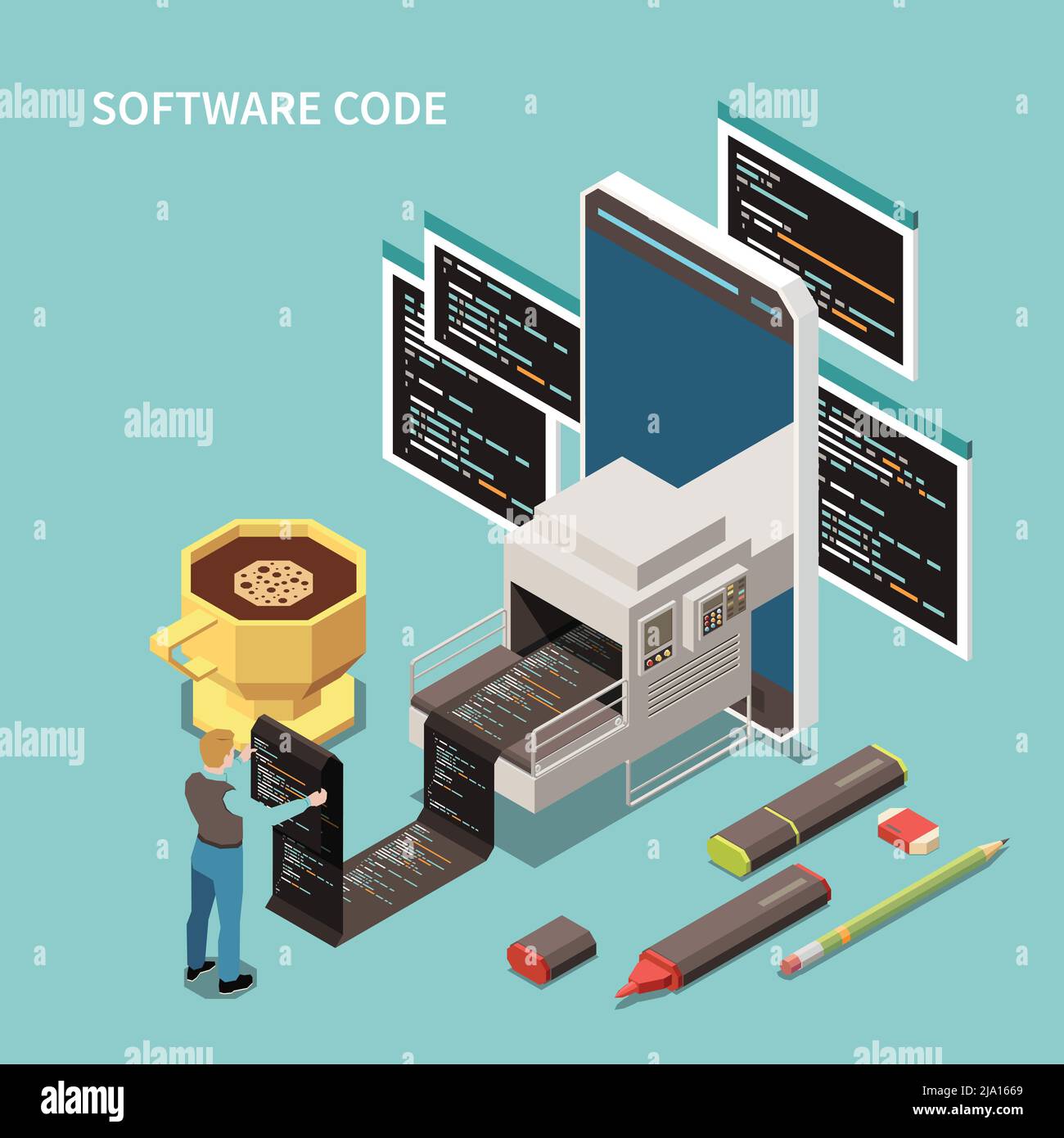 Programming concept with software code and support symbols isometric ...