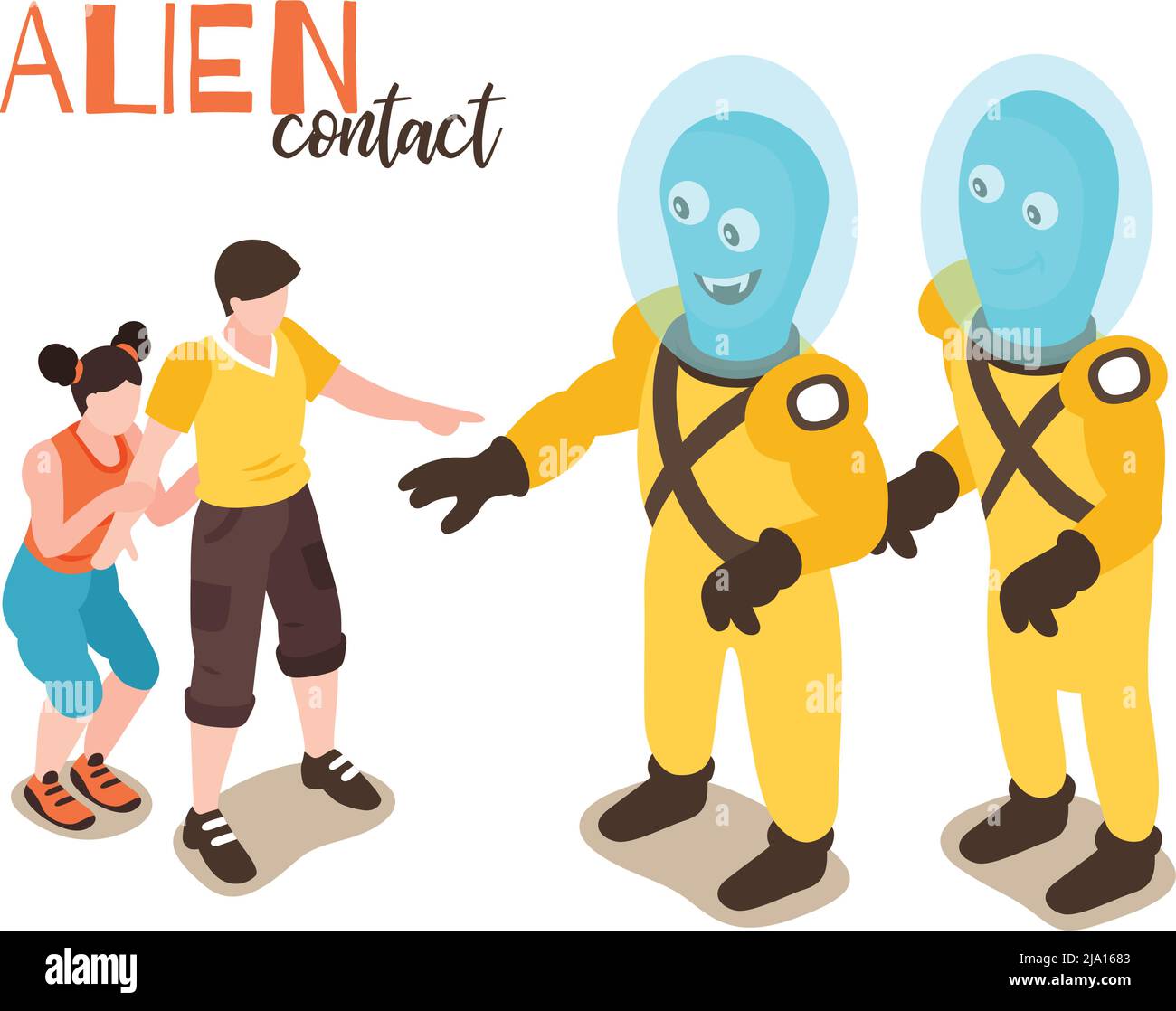 Alien contact design concept with boy and girl meeting two cartoon funny humanoids isometric vector illustration Stock Vector