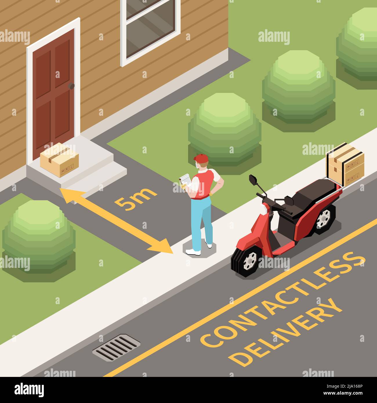 Contactless delivery of orders isometric background with courier standing at 5 metres distance from door 3d vector illustration Stock Vector