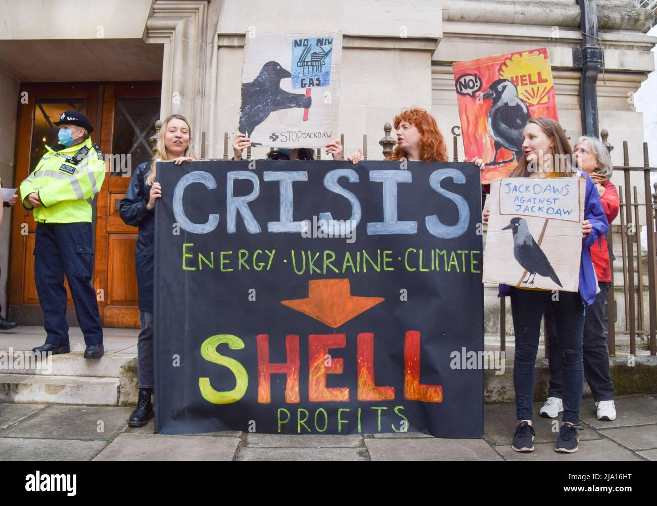 London, UK. 24th May 2022. Climate activists disrupted oil giant Shell's Annual General Meeting at Methodist Central Hall in Westminster. Protesters gathered outside while several dozean activists disrupted the meeting inside the venue. Stock Photo