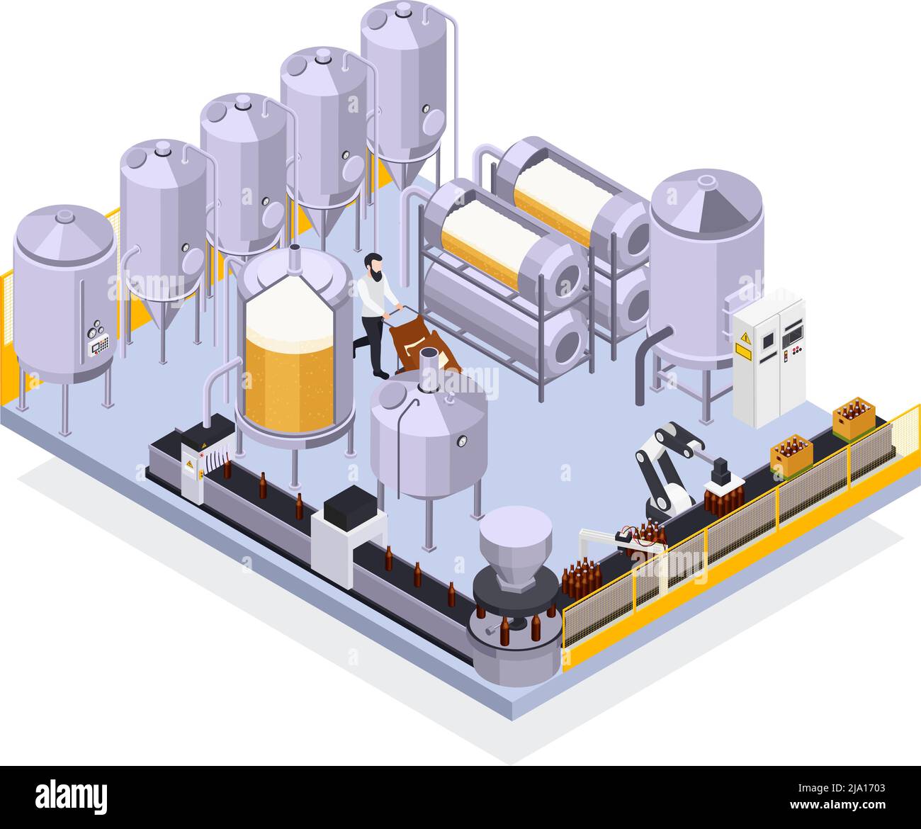 Brewery beer production isometric composition with view of industrual facilities automated line with bottles and worker vector illustration Stock Vector