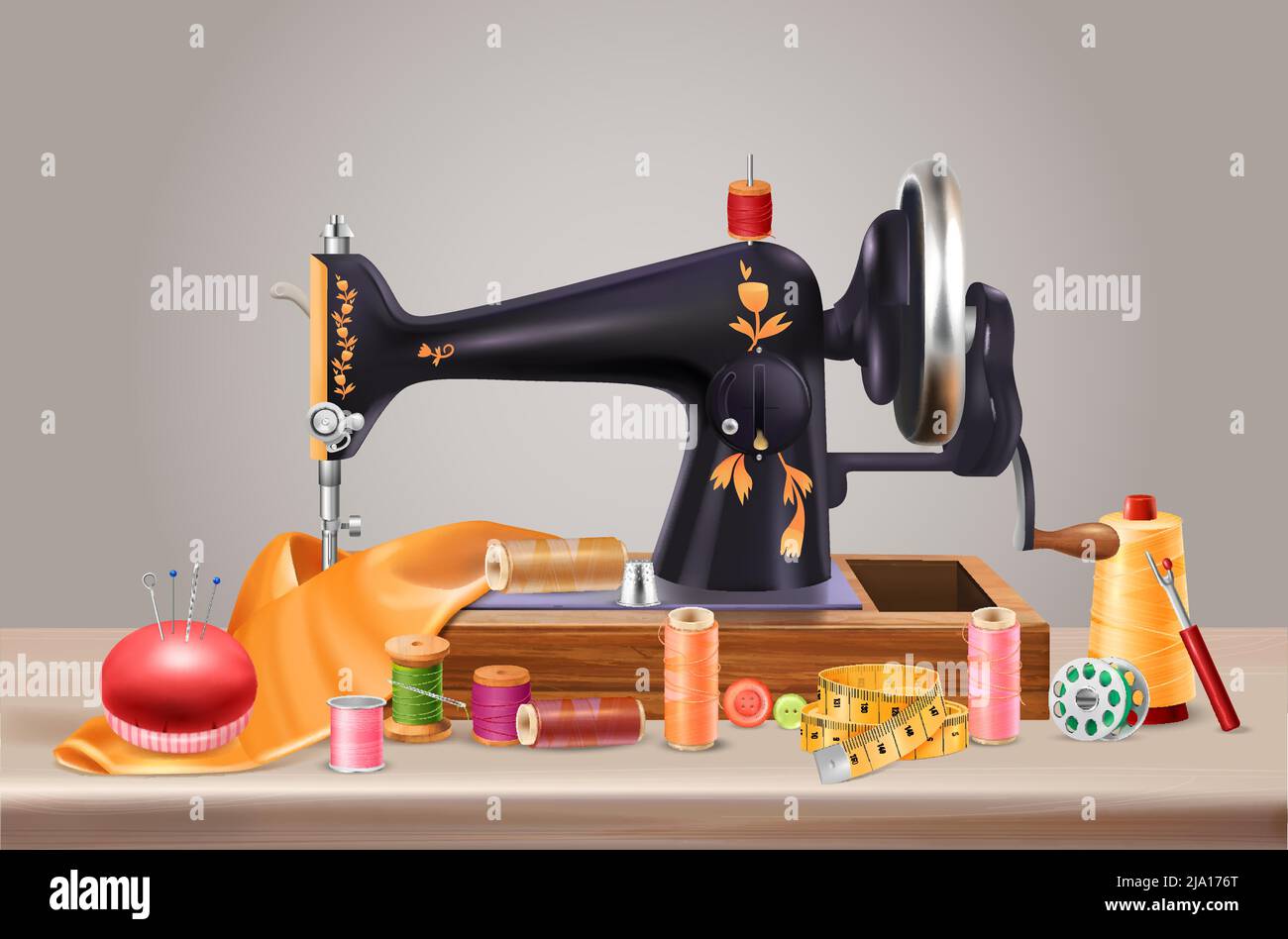Sewing machine background with needles cushion and centimeter realistic vector illustration Stock Vector